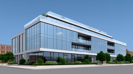 Fototapeta premium Modern Glass Office Building with Cityscape, and Sunny Day.