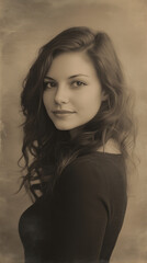 Naklejka premium Young woman with curly hair looking confidently in sepia tone 