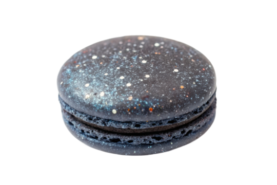 PNG Galaxy-themed black macaron with starry specks on white background