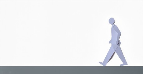 Paper figure walking. Simple design, gray tones, white background. Minimalist style, clean lines, motion implied.