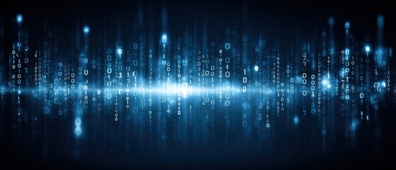 Digital binary code flows in vibrant blue tones, creating a futuristic and tech-inspired visual.