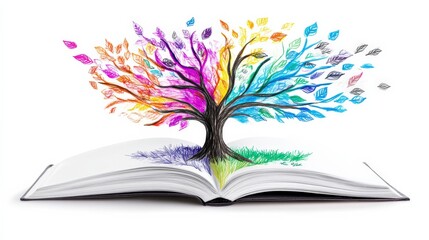 Colorful Tree Emerging from Open Book with Vibrant Leaves Design