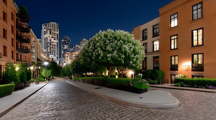 Obraz premium Nightfall Charm Cobblestone Street with Cityscape View.