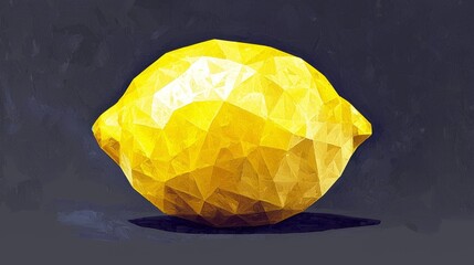 Bright yellow geometric lemon on a dark background showcasing unique facets and textures in contemporary style