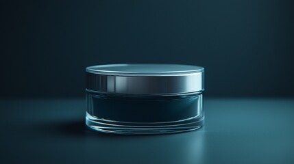 Dark skincare jar with silver lid on minimalist surface in moody lighting
