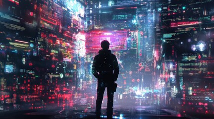 Neon city lights illuminate a lone figure in a cyberpunk landscape
