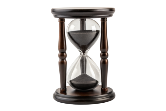 PNG Wood-framed hourglass with flowing sand against black background