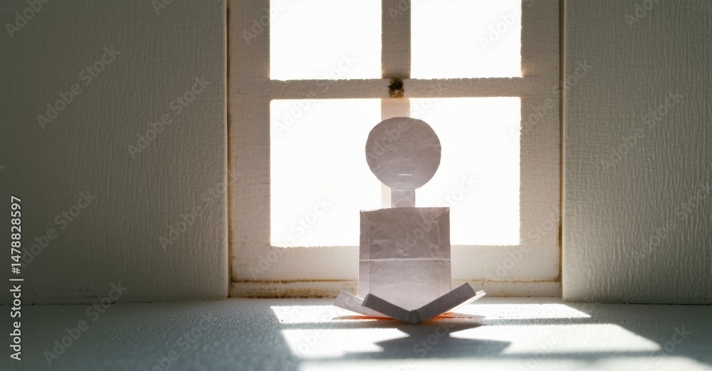 Poster paper figure sits near window. bright light creates strong shadows, minimalist composition. simple f