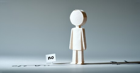 Wooden figure stands before small card reading no. Simple composition, gray background, strong shadow. Concept represents rejection, denial.