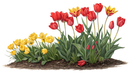 Watercolor Illustration of Red and Yellow Tulips Blooming in a Flowerbed on White Background for Spring Design and Nature Art Concepts