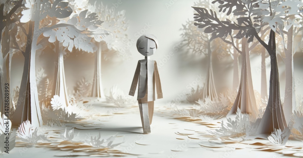 Aufkleber papercraft figure walks path through stylized forest. soft lighting creates dreamlike, serene atmosp