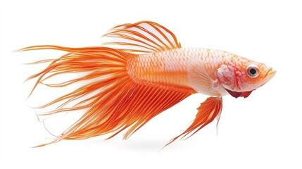 Fototapeta premium Orange Crowntail Betta Fish Swimming Gracefully on a Plain White Background