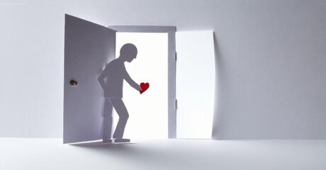 Fototapeta premium Paper cutout depicts person offering heart through doorway. Symbolism suggests vulnerability, love, rejection, hope. Minimalist style, bright background.