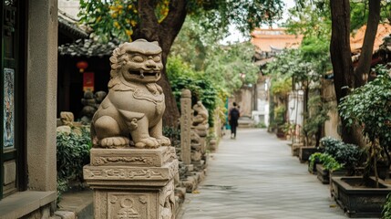 Fototapeta premium Stone lion statue guards a tranquil alleyway in a traditional Chinese courtyard.