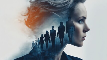 Woman With Overlay of Silhouetted Figures is a commercial-quality stock image concept ideal for digital marketing, creative design, educational content, and modern visual storytelling.