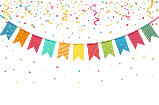 PNG Colorful festive bunting and confetti celebration on black background