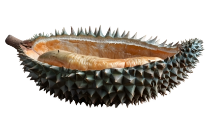 Whole durian with sharp spiky shell and green tint, front-facing floating PNG