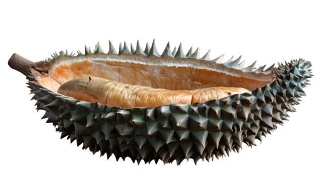 Whole durian with sharp spiky shell and green tint, front-facing floating PNG - Powered by Adobe