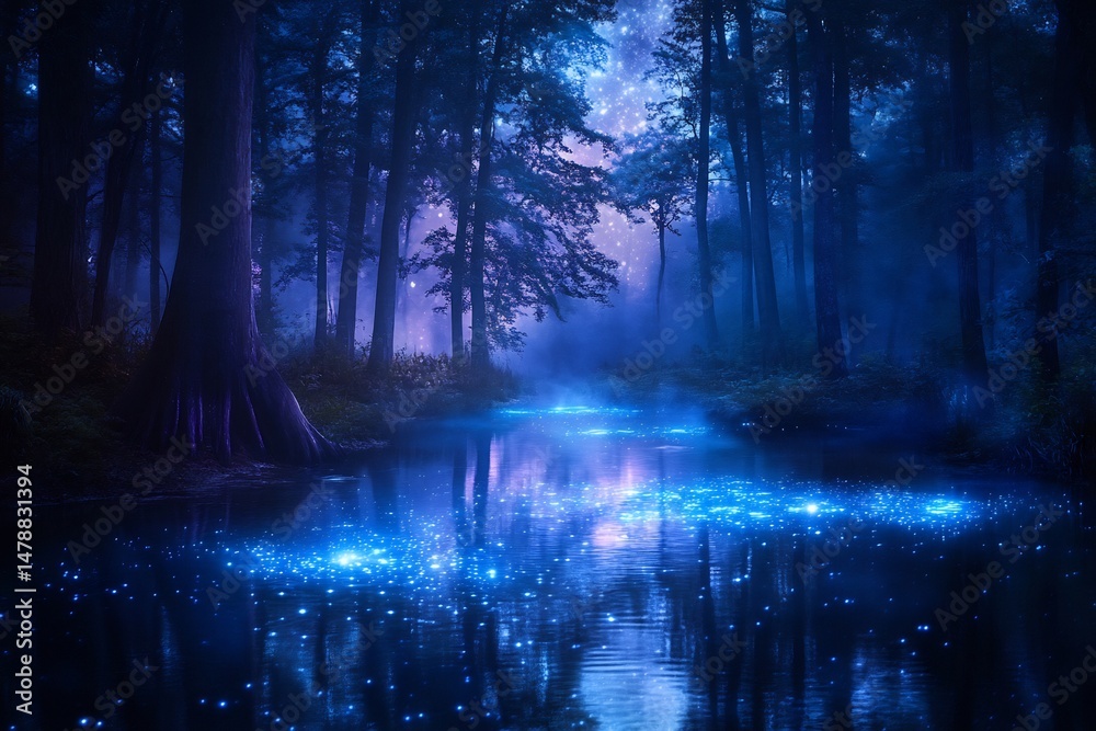 Poster Glowing bioluminescent lagoon surrounded by alien vegetation casting bright light into the water creating an enchanting scene