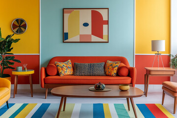 Vibrant retro-style living space with bold color blocks 32k, full ultra hd, high resolution