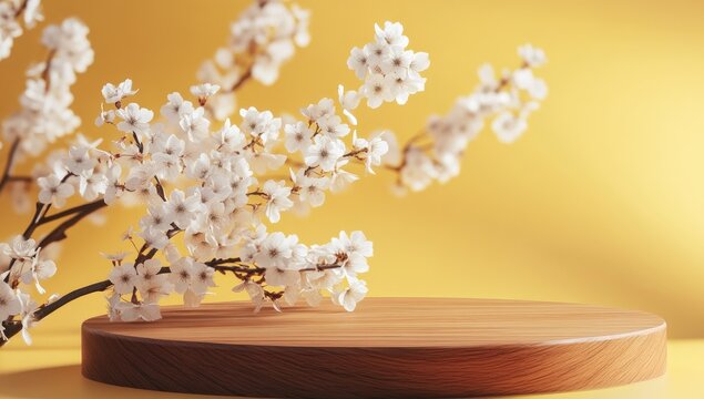 Wooden podium with cherry blossoms