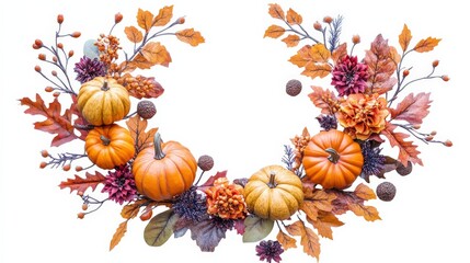 Vibrant Autumn Wreath with Pumpkins and Colorful Fall Foliage