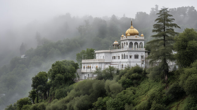 A small Gurdwara in the hills, standing quietly surrounded by trees and morning mist, a clean white building with typical Sikh ornaments and a small golden dome on top, Ai generated images