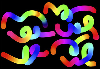 Vibrant and smooth neon light trail in a spiral shape against a dark black background. The glowing line transitions through a spectrum of colors.
