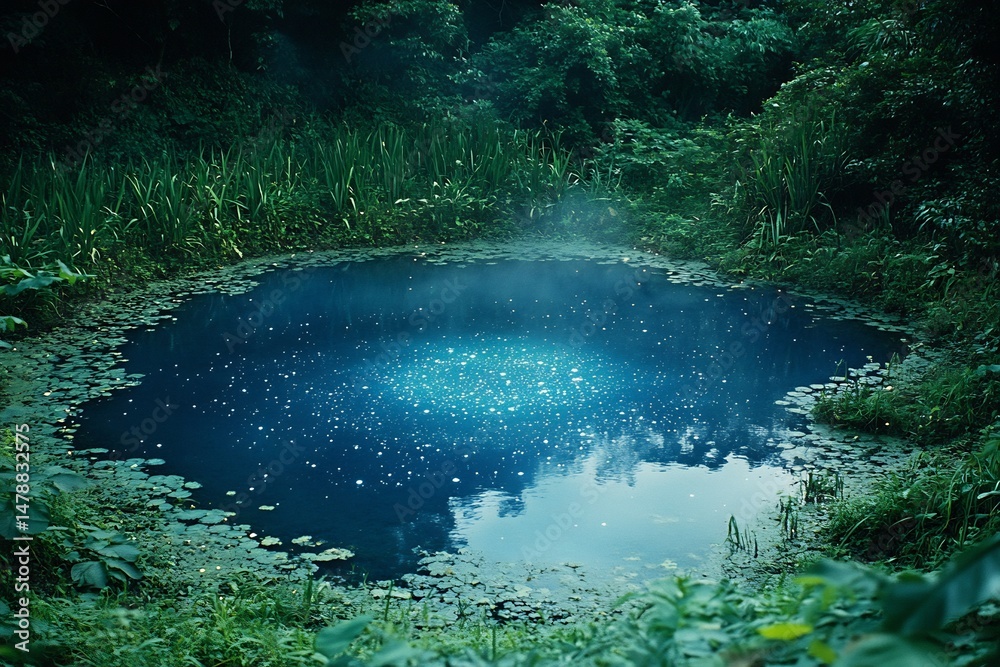Poster glowing bioluminescent lagoon surrounded by alien vegetation casting bright light into the water cre