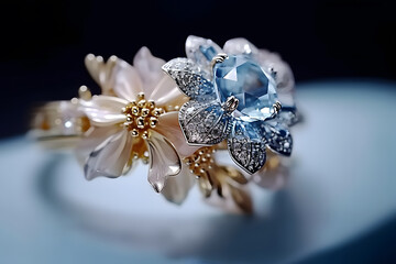 Fototapeta premium An engagement wedding ring with aquamarine-blue sapphire and diamonds. Creative inspiring concept for jewellery design. Defocused backdrop, copy space for text. AI generated design. 