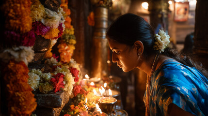Obraz premium a woman is praying devoutly in front of the idol of Lord Shiva on Shravan Maas, wearing a blue saree with a gold necklace, around her are fresh flowers and lit candles, Ai generated images