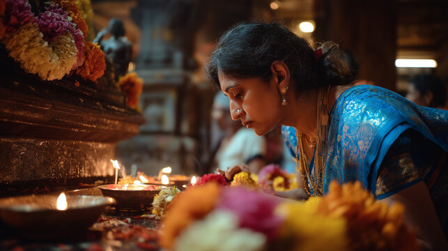 a woman is praying devoutly in front of the idol of Lord Shiva on Shravan Maas, wearing a blue saree with a gold necklace, around her are fresh flowers and lit candles, Ai generated images