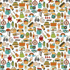 Picnic Icon with color hand drawn seamless pattern