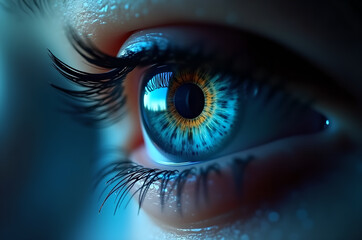 Fototapeta premium Detailed close-up of a human eye with blue and gold iris, long eyelashes, and reflections on the cornea, set against a soft-focus background of a eye with data overlays and digital.generative ai