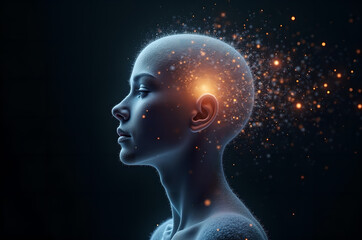 Holographic woman technological head portrait Futuristic face female humanoid robot.A Technological Future. information space. Copying space.generative ai