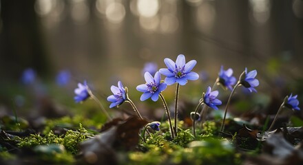 Blue Liverwort Blossoms at Dawn in a Misty Forest