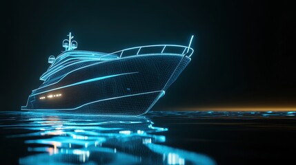  Digital Yacht Glowing Against Dark Background. Technology in the Ocean. Futuristic 3D Illustration.