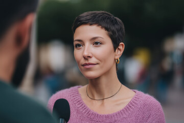 Short haired woman engaging in conversation with journalist, answering questions during an outdoor interview in an urban setting
