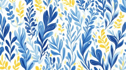 Colorful Blue and Yellow Floral Pattern with Abstract Leaves Design