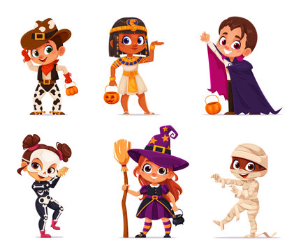 Kids Halloween party. Cartoon children with pumpkin buckets in spooky costumes of cowboy, Egyptian princess, vampire, skeleton, witch and mummy. Vector boys and girls trick or treat celebration fun