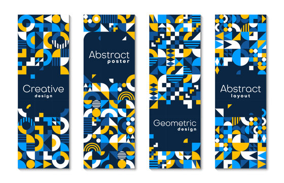 Abstract banners with modern geometric pattern. Business card vertical backgrounds. Vector vintage art layouts or cover templates with bold colors and elements as circles, triangles, dots and squares - Powered by Adobe