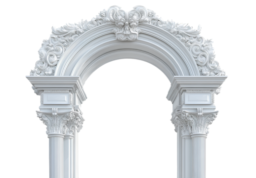  White baroque arch with clouds, transparent background