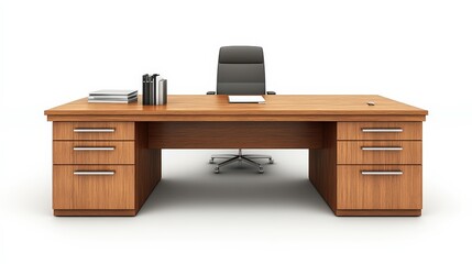 Professional wooden office desk with a comfortable chair on white background