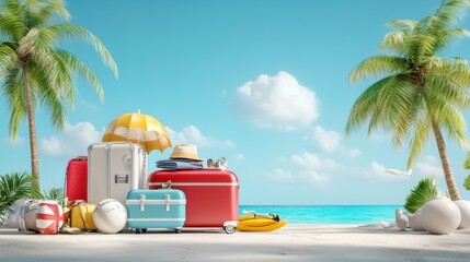 Obraz premium Colorful Luggage and Accessories on Tropical Beach with Palm Trees