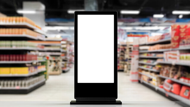 Blank advertising kiosk stands on a table inside a busy generic retail grocery environment setting