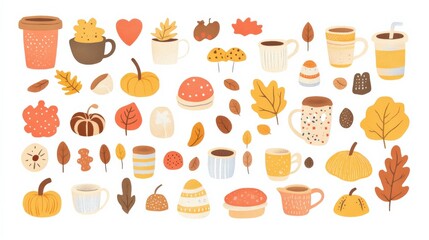 Autumn Themed Illustrations with Cozy Drinks and Colorful Leaves