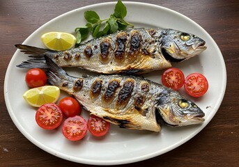 Grilled Dorado Fish with Lemon, Tomatoes, and Herbs - Fresh Seafood Plate, Food Photography