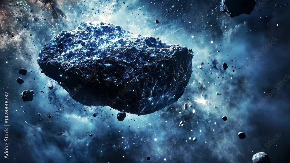 Wall mural asteroid rock falling toward earth amidst a cosmic backdrop of space and galaxies, asteroid rock fal