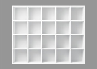 White empty bookshelf. Realistic 3d vector mockup of modern cabinet with shelves Home or office interior furniture. Shop, gallery showcase. retail storage space with five rows of square compartments