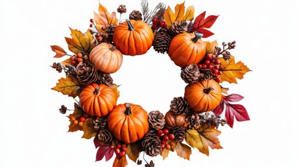 Autumn Wreath with Pumpkins, Leaves, and Pinecones for Decoration